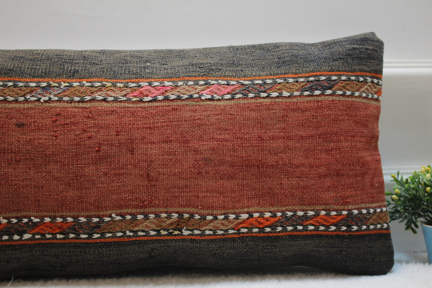 Handmade Kilim Lumbar Pillow Cover: Vintage Woven Wool, 12x24 inch