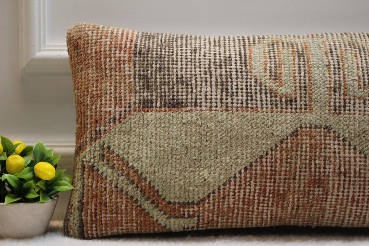 Vintage Turkish Rug Pillow: 12x24 Handmade Wool Lumbar Cover