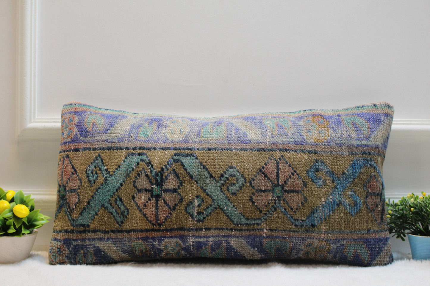 Geometric Rug Pillow: Vintage Turkish Kilim Lumbar Pillow (12x24 inc)