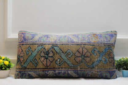 Geometric Rug Pillow: Vintage Turkish Kilim Lumbar Pillow (12x24 inc)