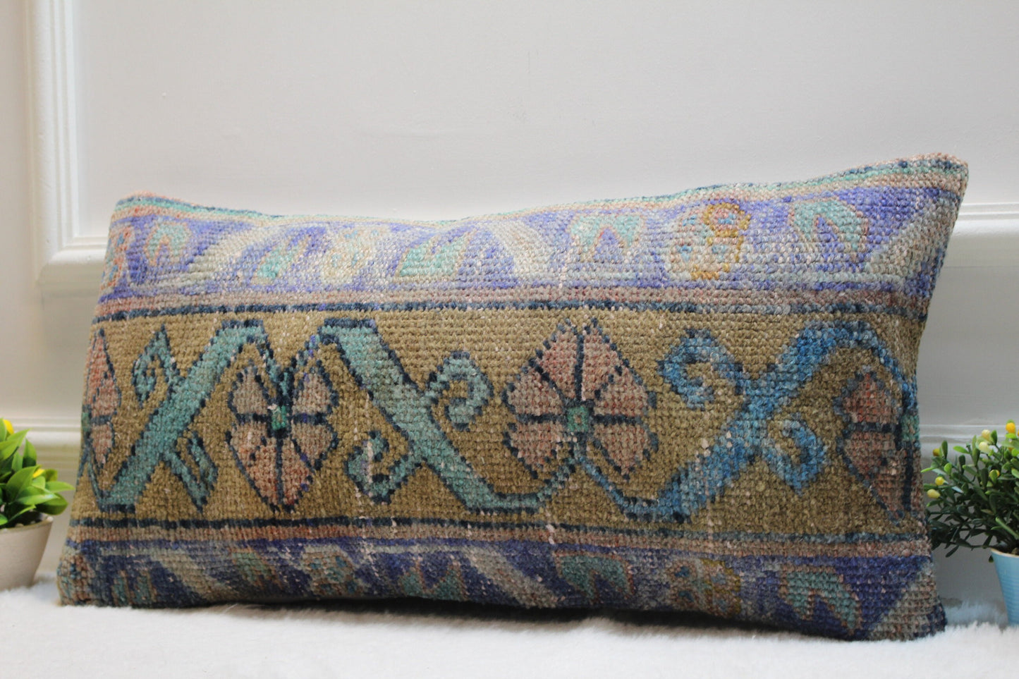 Geometric Rug Pillow: Vintage Turkish Kilim Lumbar Pillow (12x24 inc)