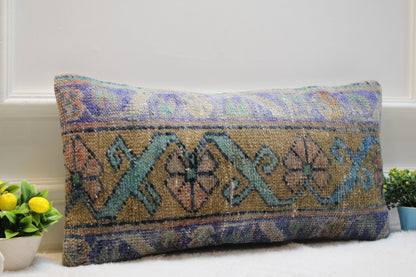 Geometric Rug Pillow: Vintage Turkish Kilim Lumbar Pillow (12x24 inc)