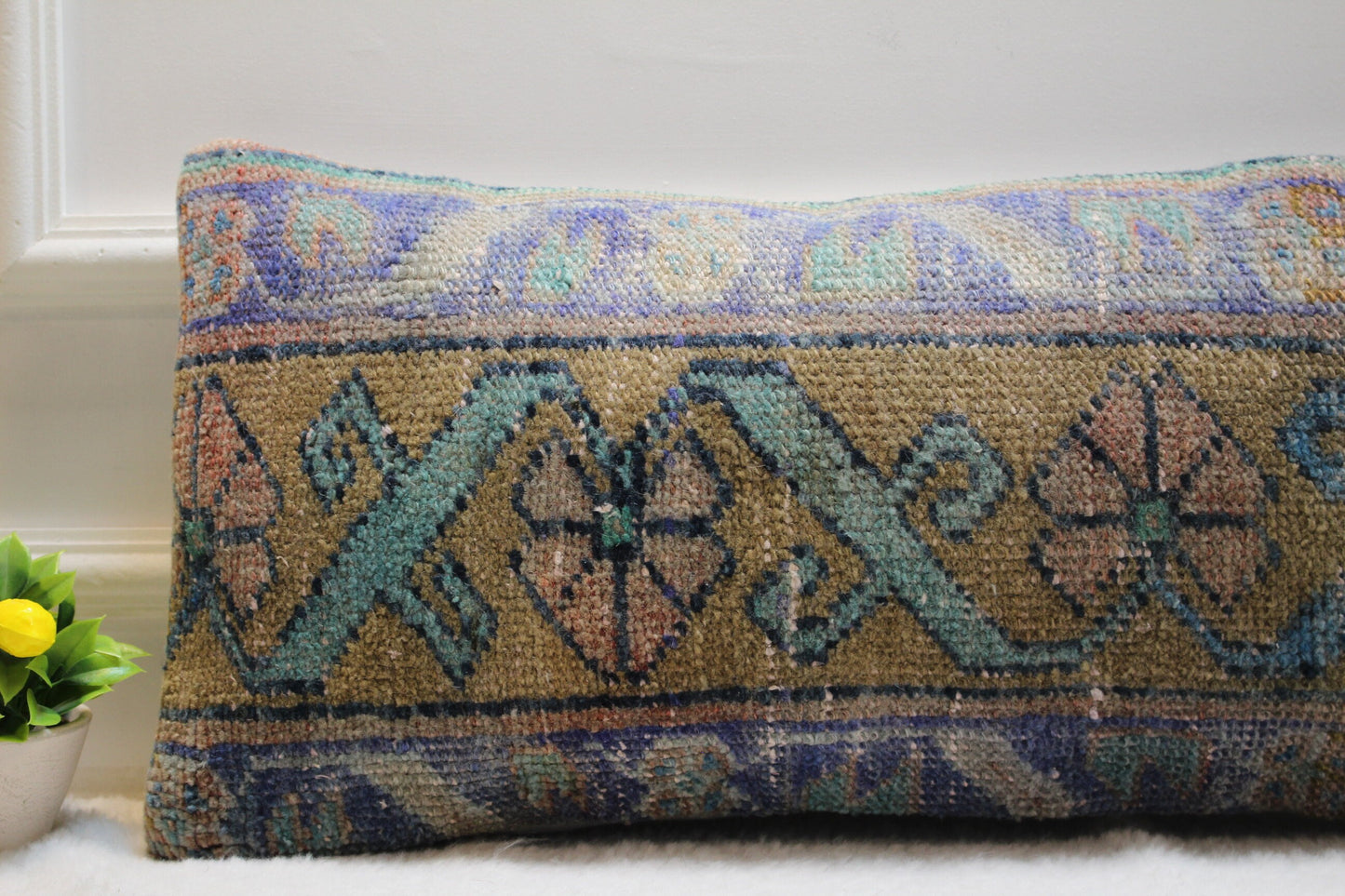Geometric Rug Pillow: Vintage Turkish Kilim Lumbar Pillow (12x24 inc)