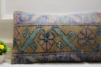 Geometric Rug Pillow: Vintage Turkish Kilim Lumbar Pillow (12x24 inc)