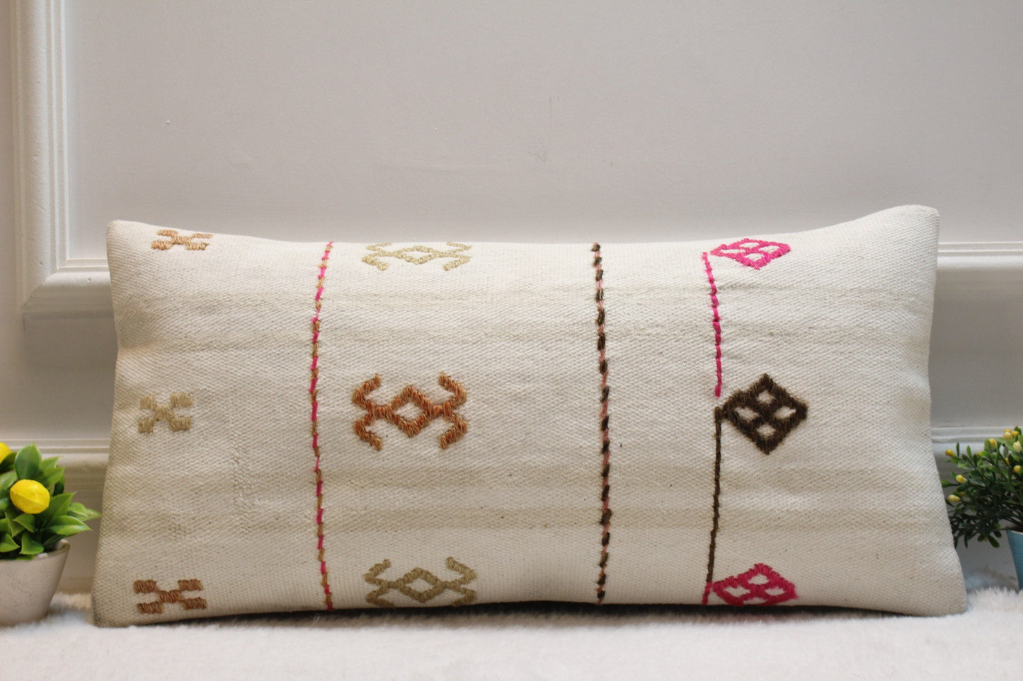 Handmade Turkish Kilim Lumbar Pillow Cover: 12x24 inc, Bohemian Decor