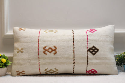 Handmade Turkish Kilim Lumbar Pillow Cover: 12x24 inc, Bohemian Decor