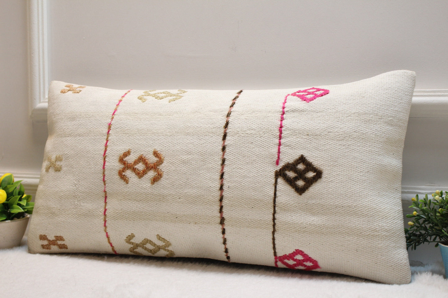 Handmade Turkish Kilim Lumbar Pillow Cover: 12x24 inc, Bohemian Decor
