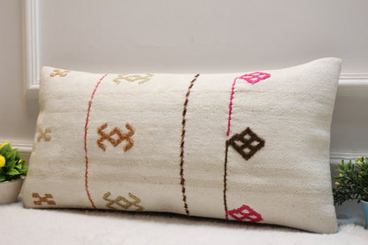 Handmade Turkish Kilim Lumbar Pillow Cover: 12x24 inc, Bohemian Decor