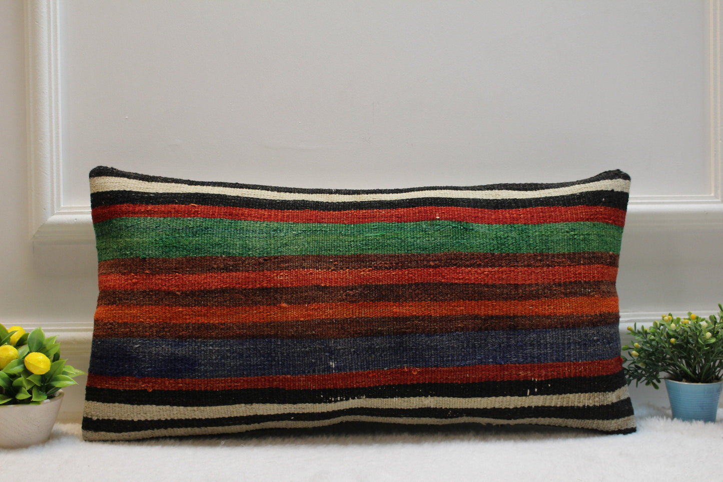 Handmade Striped Kilim Pillow Cover: Vintage Turkish Wool (16x16 inc)