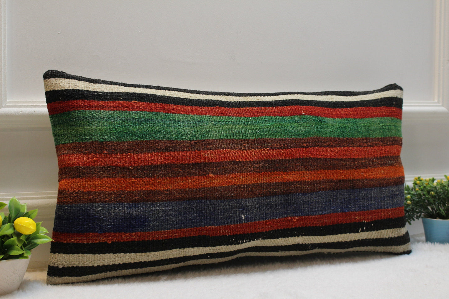 Handmade Striped Kilim Pillow Cover: Vintage Turkish Wool (16x16 inc)