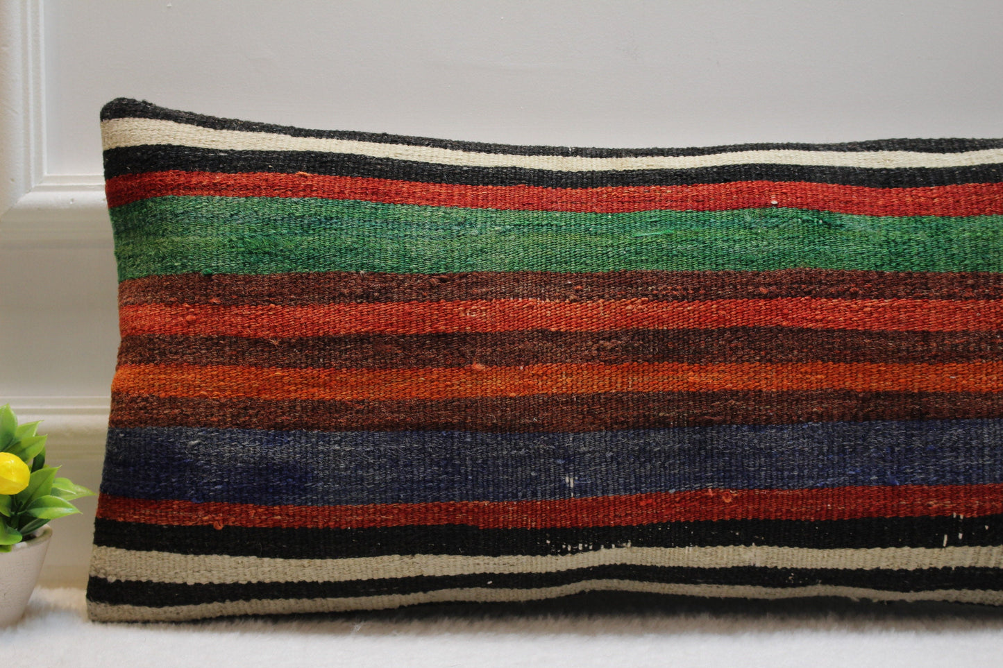 Handmade Striped Kilim Pillow Cover: Vintage Turkish Wool (16x16 inc)