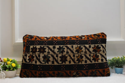 Black Kilim Lumbar Pillow: Handwoven Anatolian Cover (12x24 in)