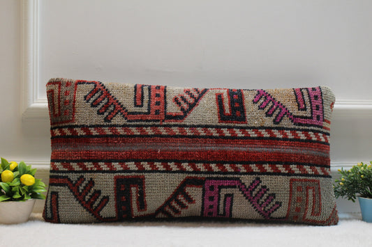12x24 inc Turkish Rug Lumbar Pillow Cover: Upcycled Kilim Pillow