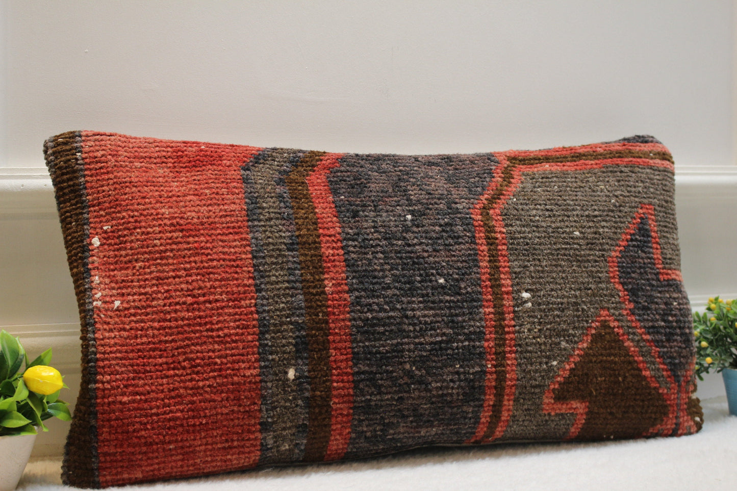 Handmade Kilim Pillow Cover: Upcycled Woven Rug, Bohemian Accent (12x24 in)