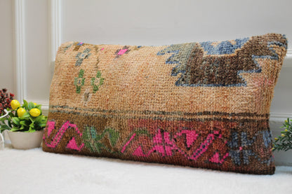Handwoven Kilim Lumbar Pillow Cover: Rustic Tribal Rug Pillow (12x24 inc)