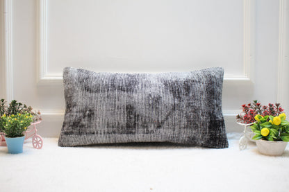 Handmade Kilim Lumbar Pillow Cover: Upcycled Woven Rug, Gray (12x24 inc.)