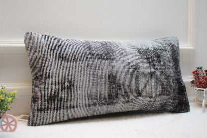 Handmade Kilim Lumbar Pillow Cover: Upcycled Woven Rug, Gray (12x24 inc.)