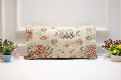 Handmade Kilim Pillow Cover: Upcycled Woven Rug, Beige Floral (12x24 in)