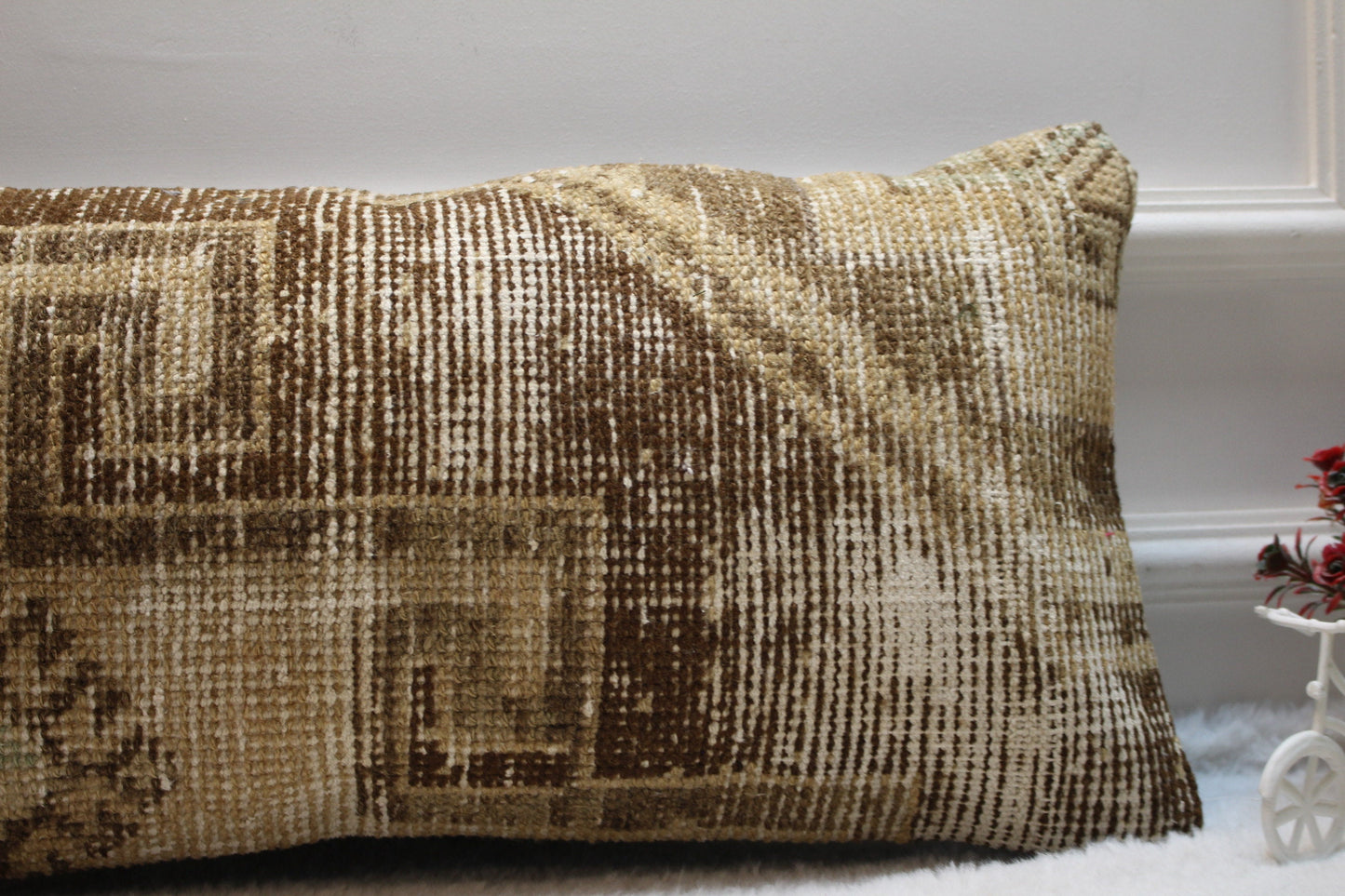 Handwoven Kilim Pillow Cover: Upcycled Wool, Beige Brown (12x24 in)