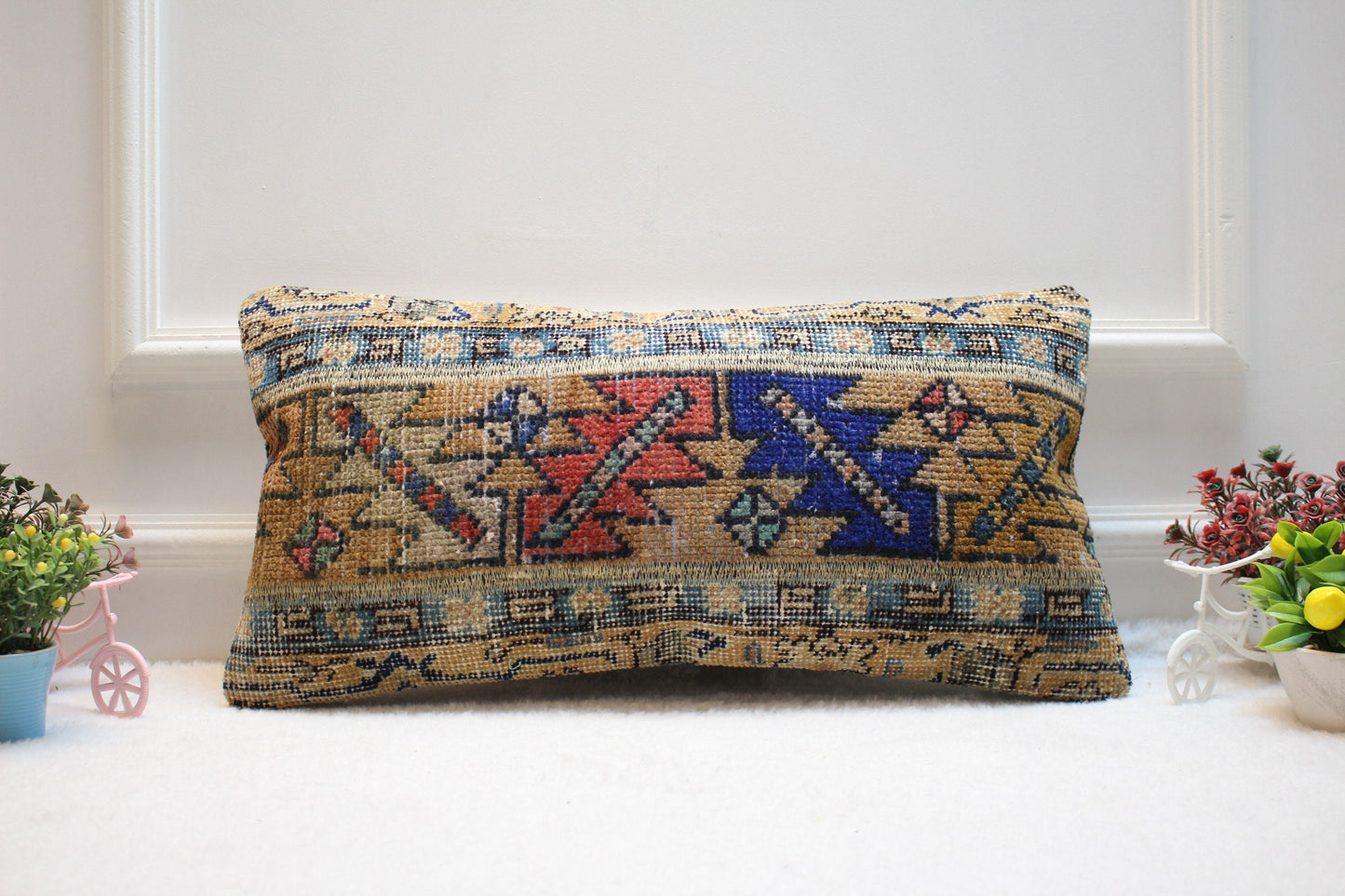 Handmade Kilim Pillow Cover: Upcycled Woven Rug, Ethnic Decor (12x24 inc)