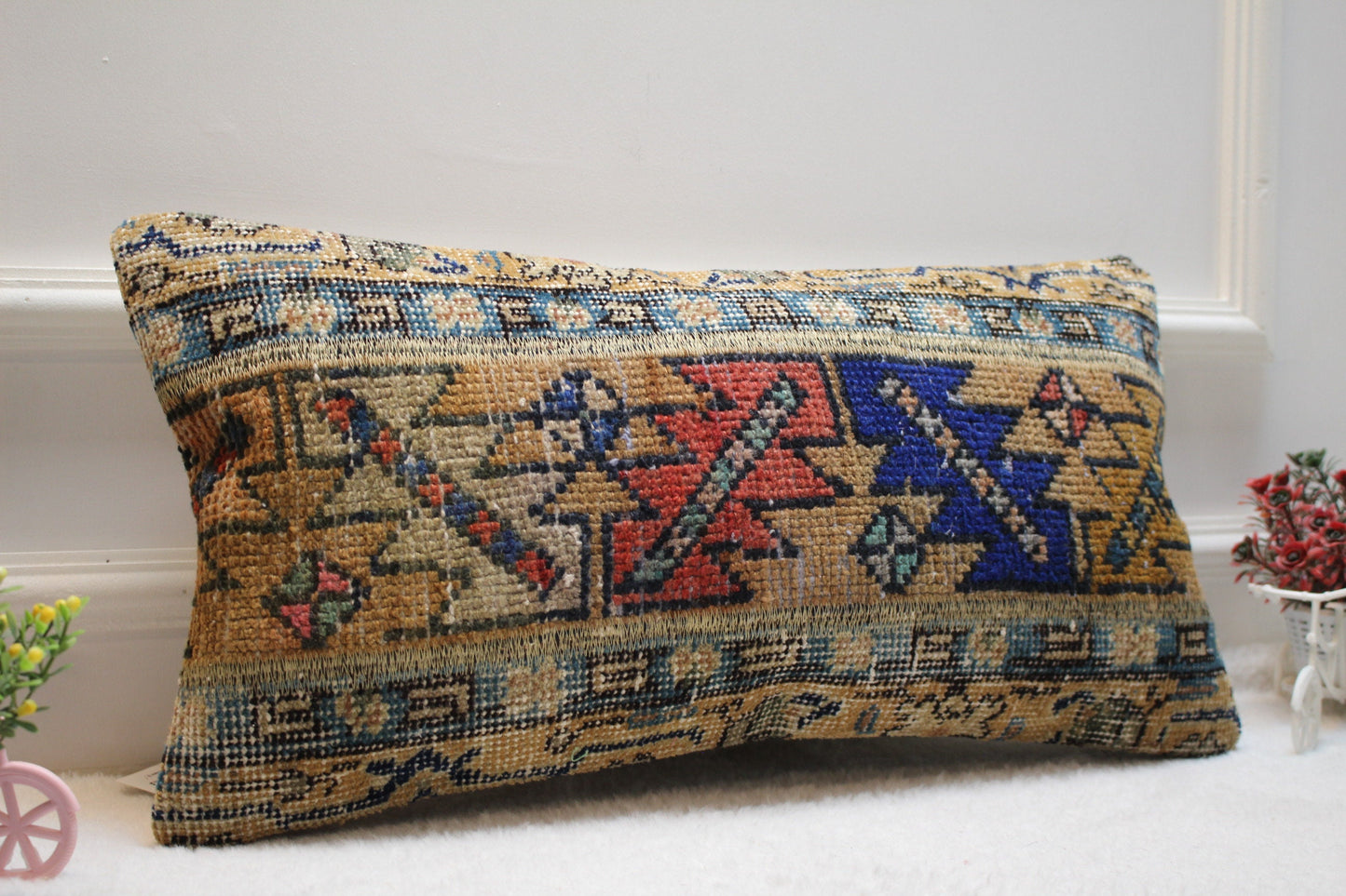 Handmade Kilim Pillow Cover: Upcycled Woven Rug, Ethnic Decor (12x24 inc)