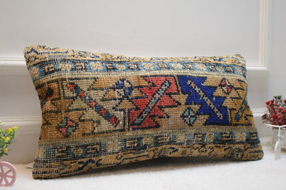 Handmade Kilim Pillow Cover: Upcycled Woven Rug, Ethnic Decor (12x24 inc)