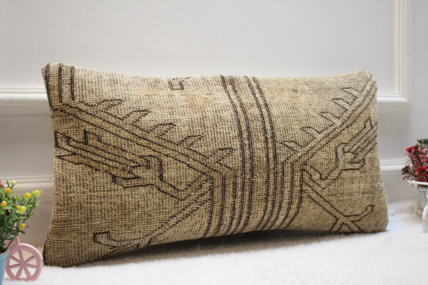 Handmade Kilim Pillow Cover: Upcycled Turkish Woven Rug, 12x24 inch