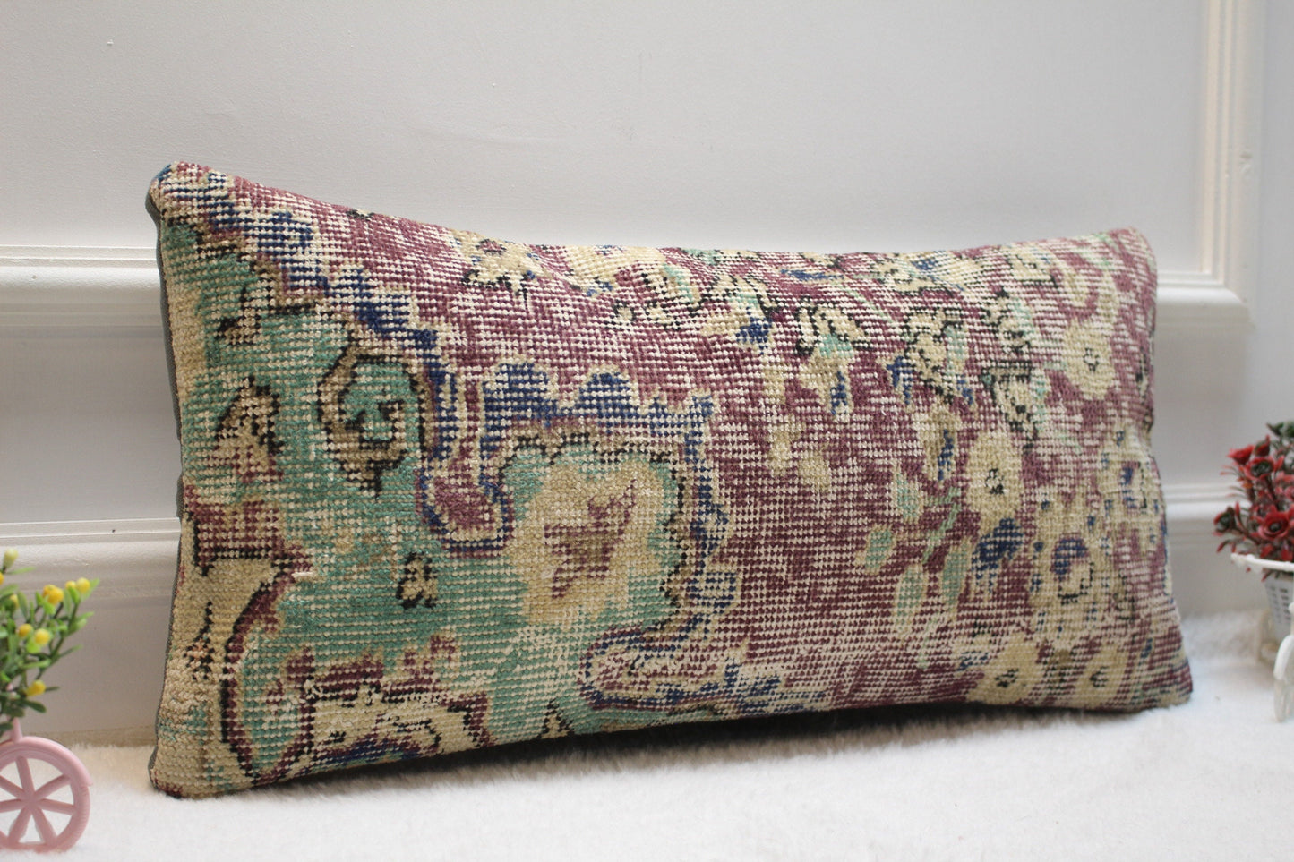 Handmade Kilim Pillow Cover: Upcycled Turkish Rug, Bohemian Decor (12x24 inc)