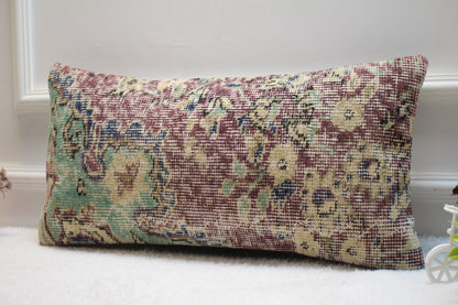 Handmade Kilim Pillow Cover: Upcycled Turkish Rug, Bohemian Decor (12x24 inc)
