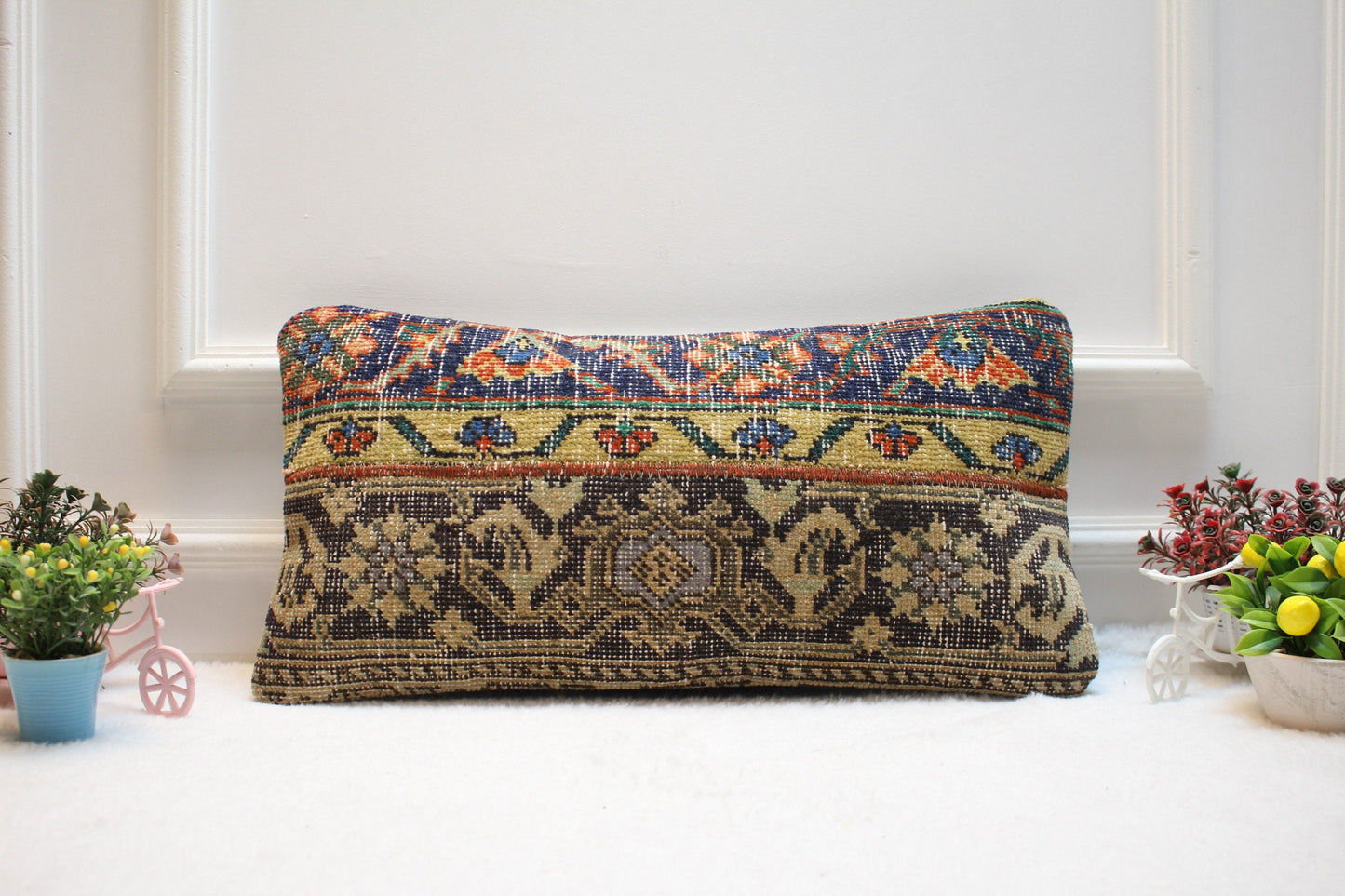 Handmade Kilim Pillow Cover: Upcycled Wool Rug, Bohemian Decor (12X24 inc.)