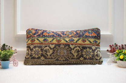 Handmade Kilim Pillow Cover: Upcycled Wool Rug, Bohemian Decor (12X24 inc.)