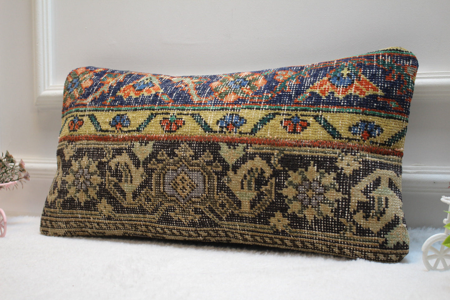 Handmade Kilim Pillow Cover: Upcycled Wool Rug, Bohemian Decor (12X24 inc.)