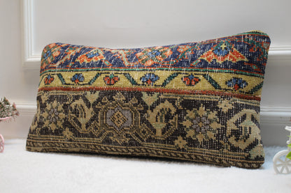 Handmade Kilim Pillow Cover: Upcycled Wool Rug, Bohemian Decor (12X24 inc.)