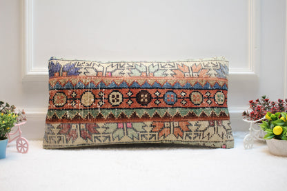 Handwoven Kilim Pillow Cover: Antique Anatolian Rug Lumbar Pillow (30x60cm)