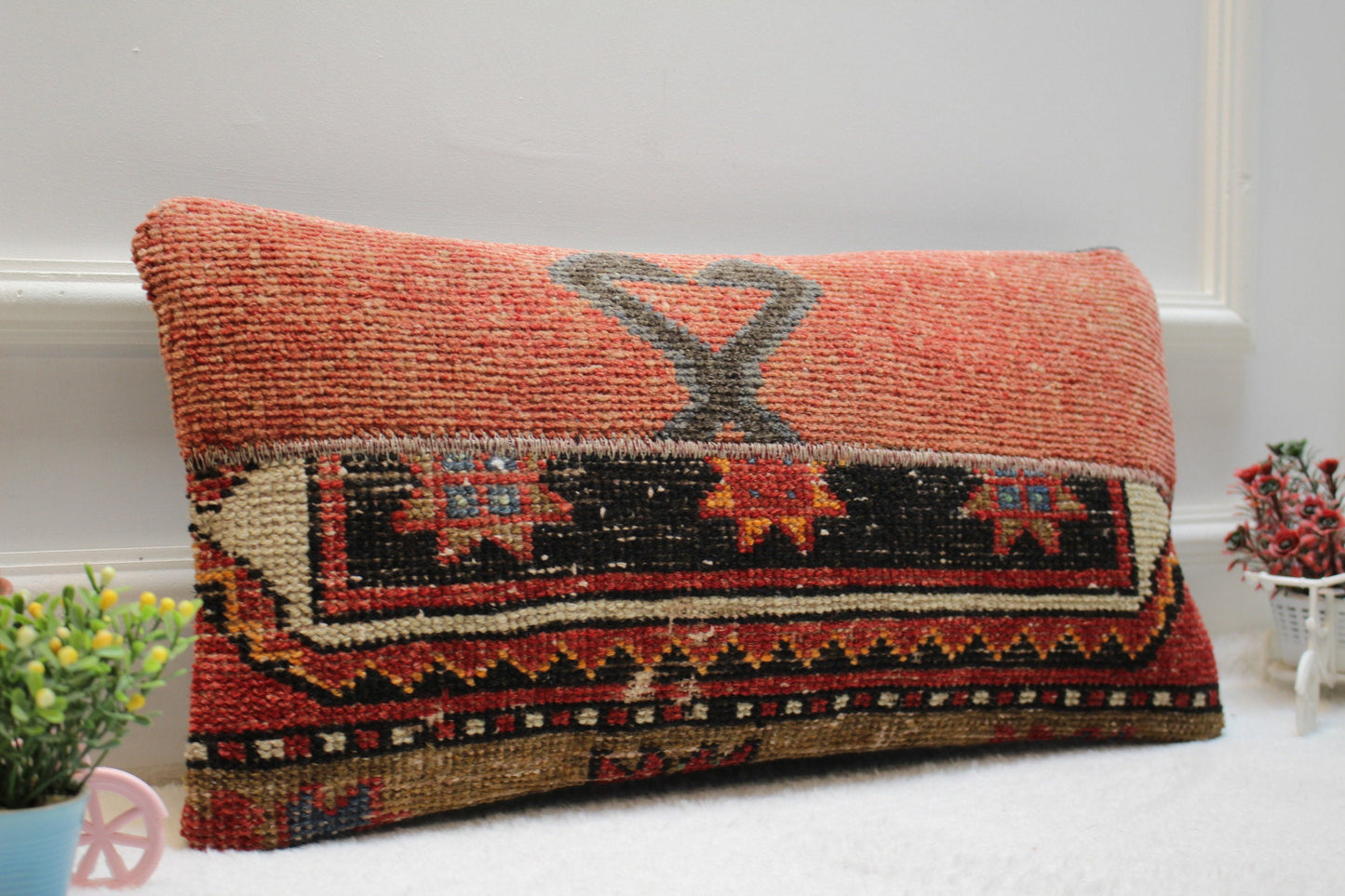 Handmade Kilim Pillow Cover: Upcycled Woven Rug, Red & Black (12x24)