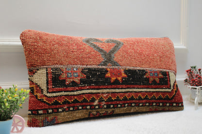 Handmade Kilim Pillow Cover: Upcycled Woven Rug, Red & Black (12x24)