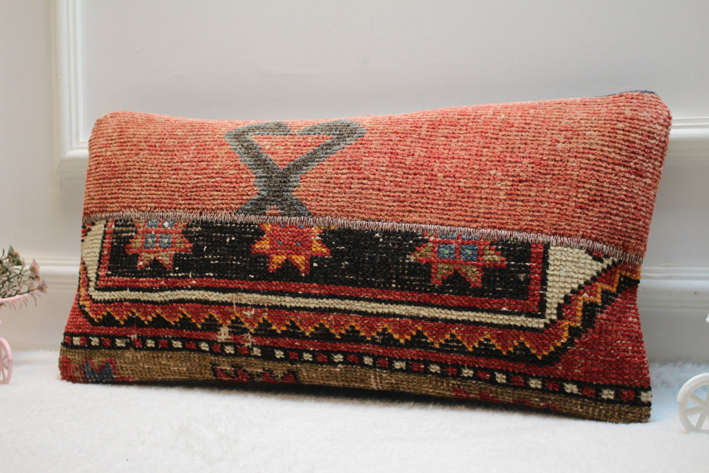 Handmade Kilim Pillow Cover: Upcycled Woven Rug, Red & Black (12x24)