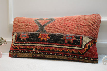 Handmade Kilim Pillow Cover: Upcycled Woven Rug, Red & Black (12x24)