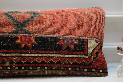 Handmade Kilim Pillow Cover: Upcycled Woven Rug, Red & Black (12x24)