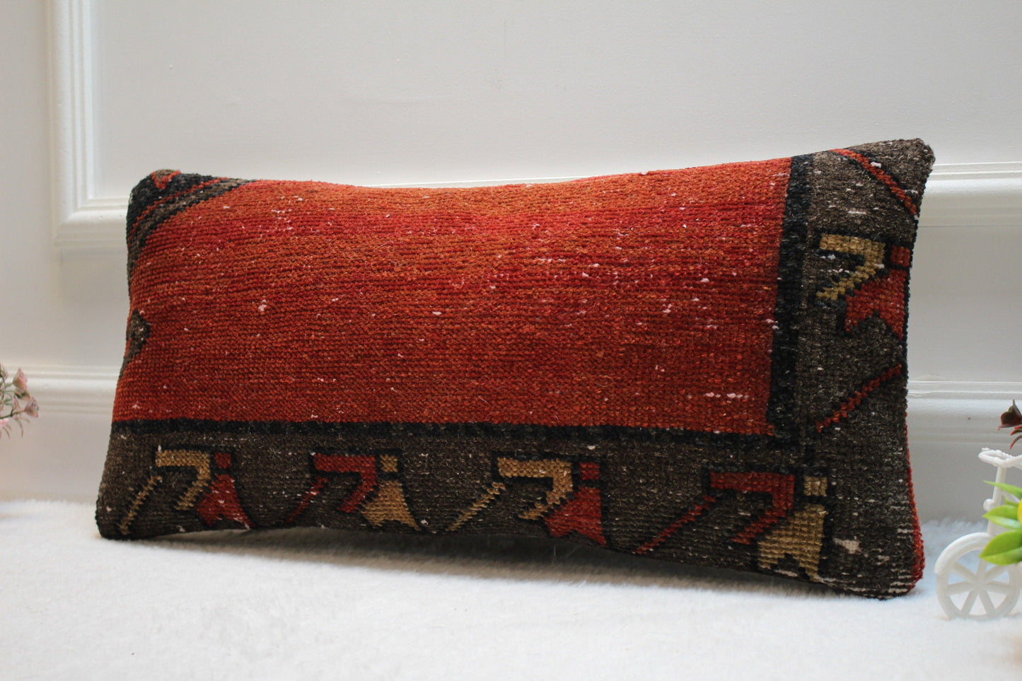 Handmade Kilim Pillow Cover: Upcycled Woven Rug, Red & Black (12x24 in)
