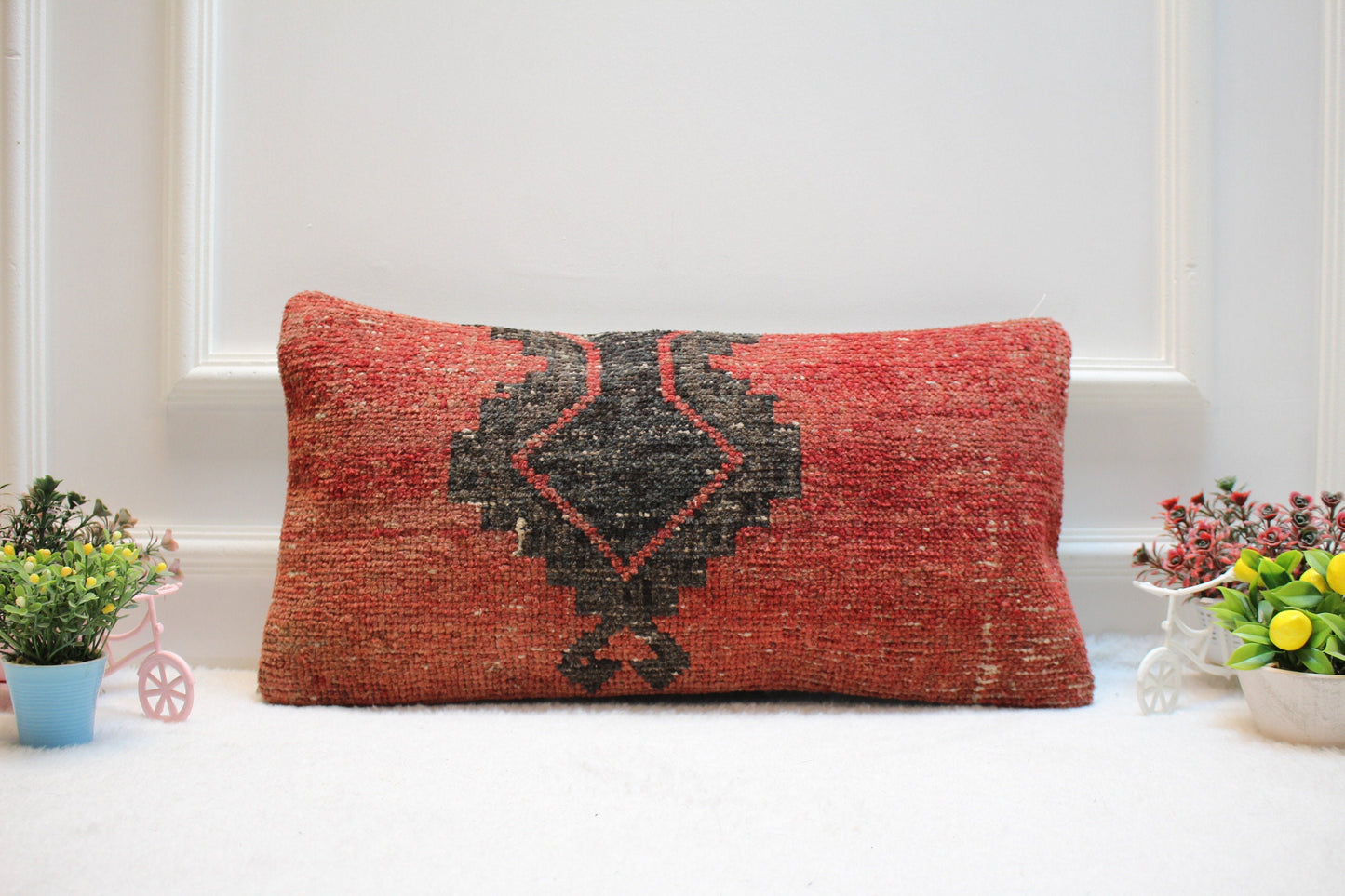 Handmade Kilim Pillow Cover: Red & Black Woven Rug Pillow (12x24 inc)