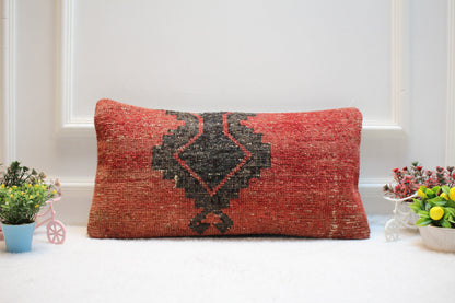 Handmade Kilim Pillow Cover: Red & Black Woven Rug Pillow (12x24 inc)