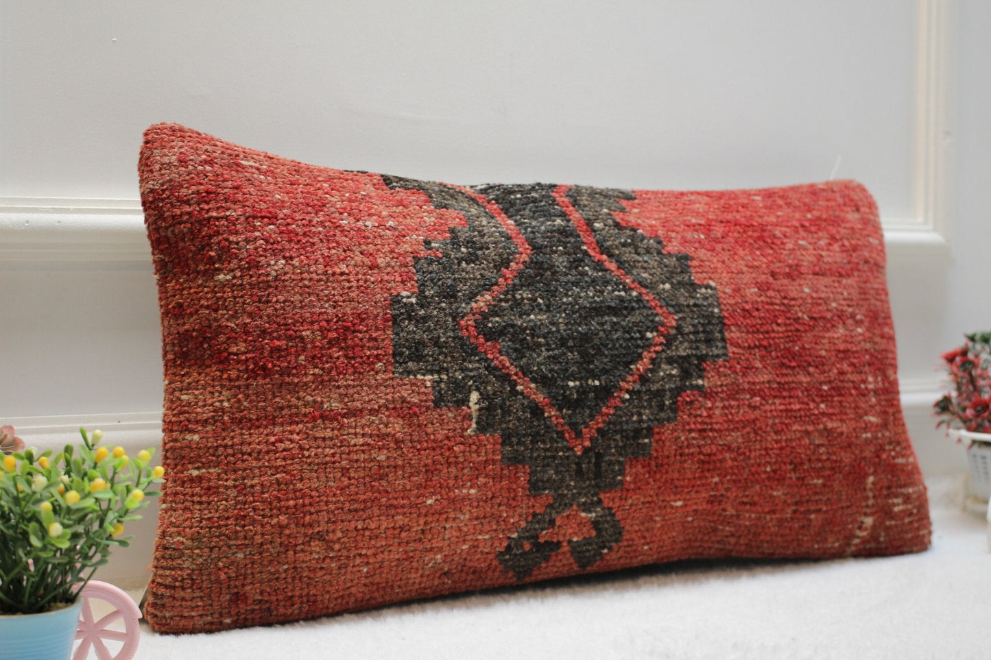 Handmade Kilim Pillow Cover: Red & Black Woven Rug Pillow (12x24 inc)