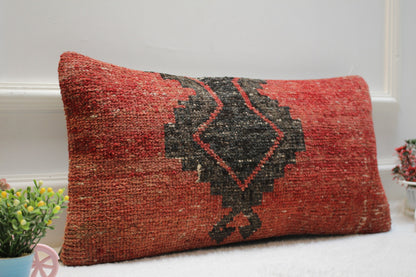 Handmade Kilim Pillow Cover: Red & Black Woven Rug Pillow (12x24 inc)