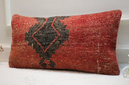 Handmade Kilim Pillow Cover: Red & Black Woven Rug Pillow (12x24 inc)