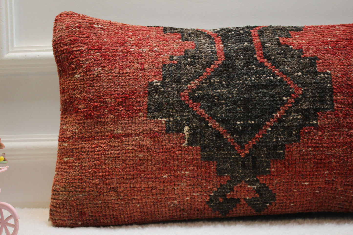 Handmade Kilim Pillow Cover: Red & Black Woven Rug Pillow (12x24 inc)