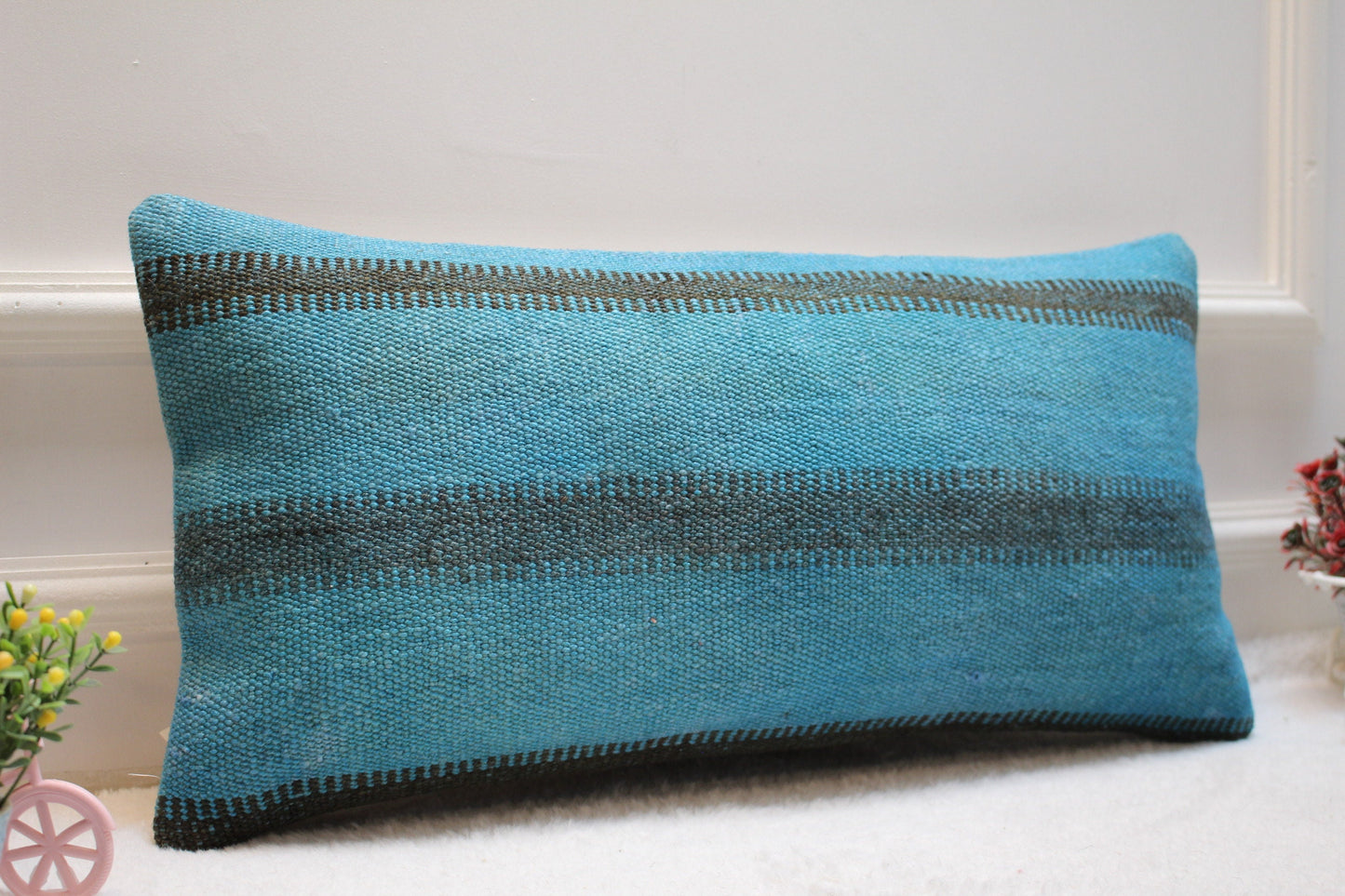 Blue Kilim Pillow Cover: Handwoven Wool, Bohemian Accent (12x24)