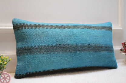 Blue Kilim Pillow Cover: Handwoven Wool, Bohemian Accent (12x24)