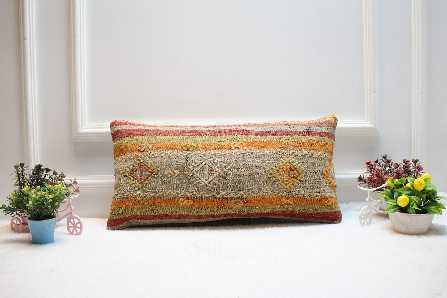 Handmade Kilim Pillow Cover: Upcycled Wool Rug, Bohemian Decor (12x24)