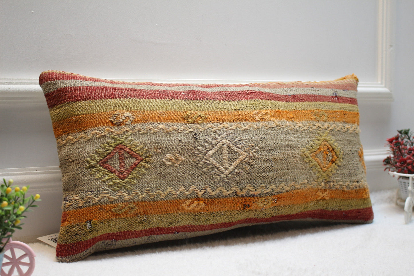 Handmade Kilim Pillow Cover: Upcycled Wool Rug, Bohemian Decor (12x24)